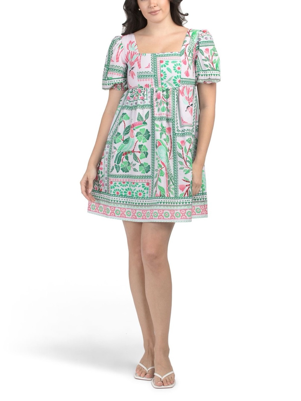 Celina Moon Square Neck Floral Patchwork Mini Dress in Green & Pink, L